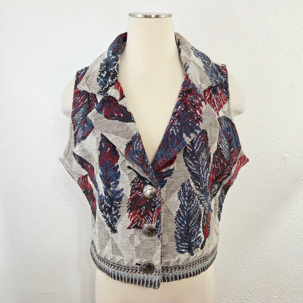 Vintage western feathers tapestry vest star buttons 90s cowgirl women's size XL